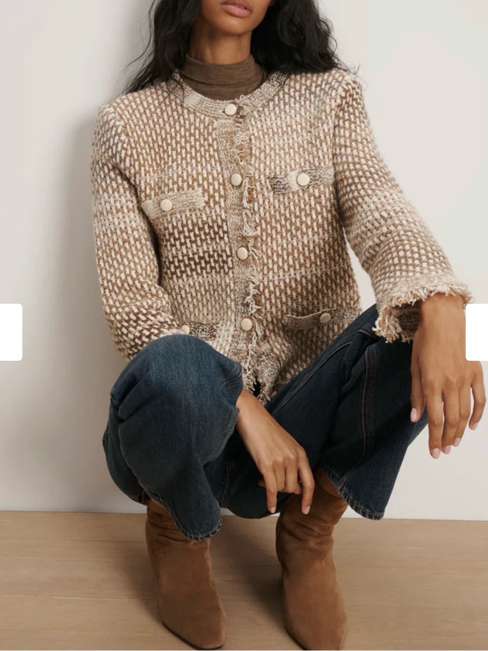 Veronica Beard Beige and Cream Tweed Fringed Jacket